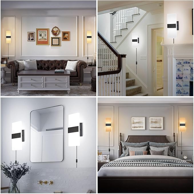 TRLIFE Modern LED Wall Sconces, Adjustable 4 Color Temperature 12W Wall Sconce Plug in, Acrylic Wall Mounted Light Set of 2 Wall Lights with 6FT Plug in Cord for Bedroom Stairway(2 Pack, Black)