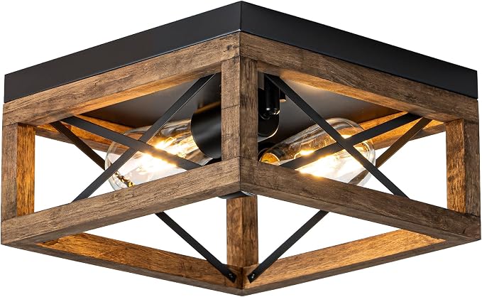 MAYNA Farmhouse Flush Mount Ceiling Light, 2-Light Rustic Ceiling Light with Metal and Wood, Farmhouse Hallway Light Fixtures for Kitchen Entryway Bedroom Dining Room