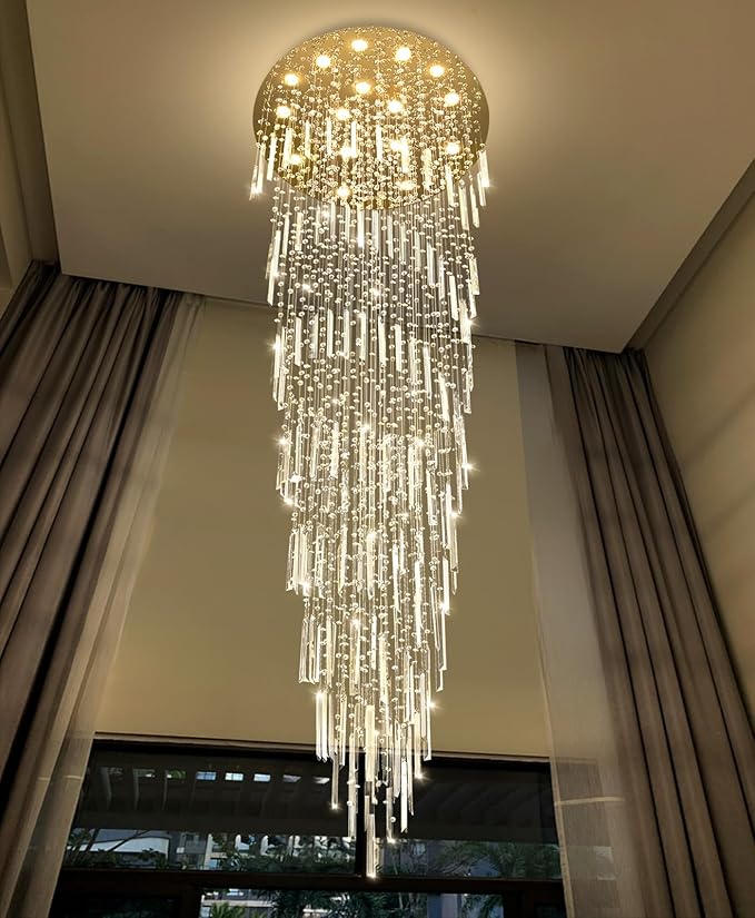 D40'' x H120'' Crystal Chandelier High Ceiling Chandeliers for Entryway Large Raindrop Chandeliers LED Dimmable Flush Mount Light Fixtures for Staircaes Foyer Hallway Living Room Bulbs Included Gold