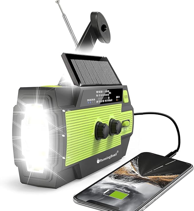 RunningSnail Emergency Crank Radio with 1W 3 Mode Flashlight & Reading Lamp | AM FM NOAA Weather Radio,Solar Power,Hand Crank,4000mAh Phone Charger,SOS for Home and Emergencies