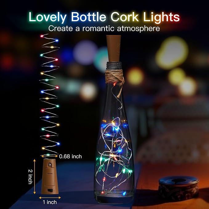 Brightown 10 Pack Wine Bottle Lights with Cork, Multicolor | 20 LED on 7ft Silver Wire, Waterproof, Battery Operated, Great for Liquor Bottles DIY Party Christmas Wedding Décor