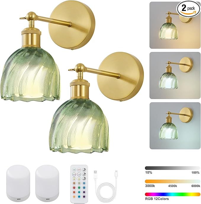 Vintage Battery Powered Cordless Wall Sconce Set of 2, Battery Wall Sconce with Green Glass Lampshade, Rechargeable Battery Powered Wall Lights with Remote Control for Bedside Bedroom Doorway