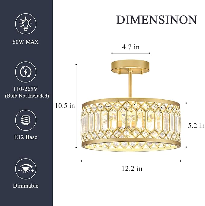 Pevfah Crystal Gold Ceiling Light, 3-Light Semi Flush Light Fixture, 12 in | Flush Mount Dining Room Chandelier, Modern Light Fixture Ceiling Mount for Kitchen, Entryway, Bedroom, Bulbs Not Included