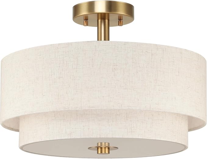 XiNBEi Lighting 16" Semi Flush Mount Ceiling Light for Bedroom, Brass | 3-Light Double Drum Light Fixture, Linen Fabric Shade, Close to Ceiling Lamp, For Living Room Kitchen Entryway Hallway Foyer