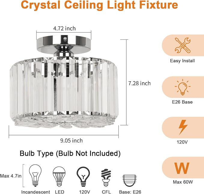FRIDEKO HOME Crystal Ceiling Light - Small Crystal Chandelier Semi Flush Mount Ceiling Light Fixture Modern Lights for Hallway Bathroom Kitchen Entryway (9.05 Inch, Bulb not Included)