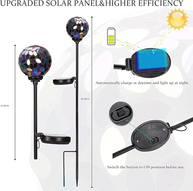 VCUTEKA Decorative Solar Garden Lights, 3.5" Mosaic Globe Outdoor Stake | Mosaic Glass Globe Design, Solar LED Light, Waterproof Design, Auto On/Off and Metal Stake Design for Lawn and Patio