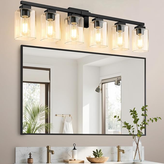 37” Bathroom Light Fixtures Over Mirror,6-Light Black Vanity Light | Large Size, Square Clear Glass & Durable Metal, Quick & Easy Installation, Standard E26 Socket, Bright Bathroom Lighting
