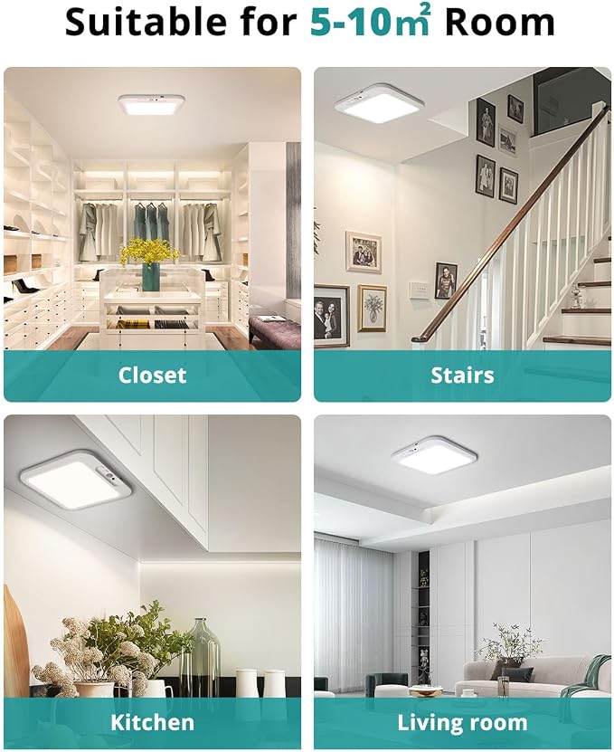 wowatt 2PC Rechargeable Battery Operated Ceiling Light Motion Sensor Indoor | Wireless Magnetic Shower Light with Remote, 3000K 4500K 6500K, Dimmable Motion Sensor Overhead Lights for Shower Closet