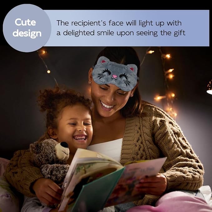 Cute Sleep Masks - Cartoon Animal Cat Eye Mask, Plush Sleeping Mask & Travel Blindfold - Funny Kitten Eye Shade for Women Men (Grey Cat)