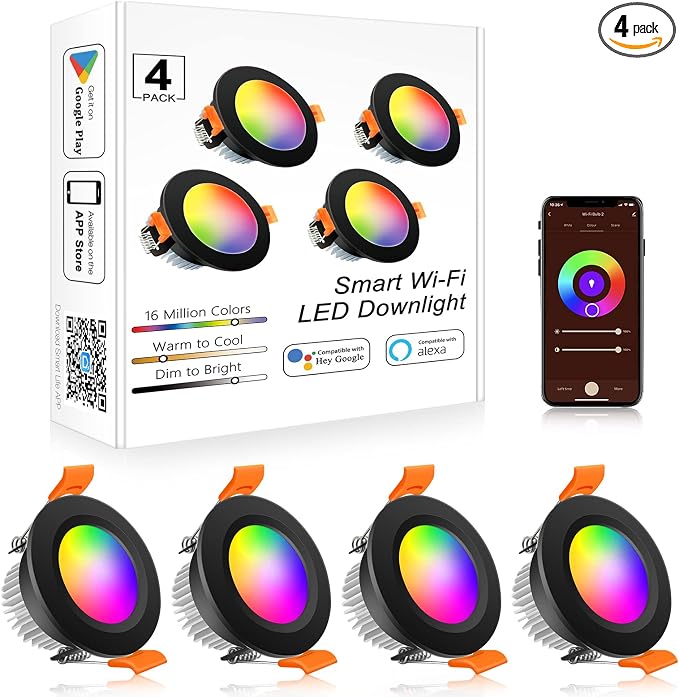 Smart 2 Inch Recessed Lighting, WiFi LED Downlight 5W 120V, Compatible with Alexa and Google Home, Dimmable RGB & CCT 2700-6500K, Black Trim, LED Recessed Ceiling Light with Driver (4 Pack)