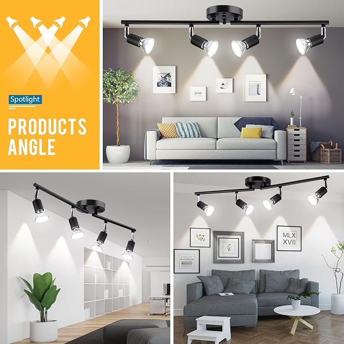 HURYEE Track Lighting Kit, 4 Head Foldable Ceiling Spot Light with GU10 Socket for Kitchen Hallyway Bedroom Fixture Directional Accent Lamp