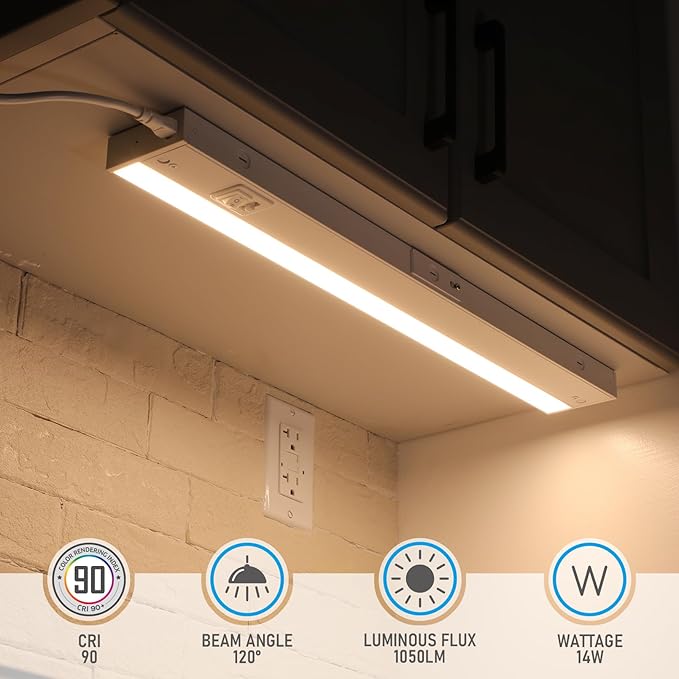 TORCHSTAR 22 Inch LED Under Cabinet Lighting 5CCT, ETL T24, 14W 1050LM, Hardwired & Plug-in, 5 Color Selectable CRI90 120V, Dimmable Under Counter Lights for Kitchen, White Aluminum Housing, 4 Pack