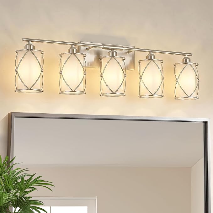5-Light Brushed Gold Bathroom Light Fixtures Over Mirror, 42" UL-Listed Modern Wall Sconce Lights with Frosted Milk White Glass and Metal Cage for Bath, Hardwire E26, CH9176BNW-5W
