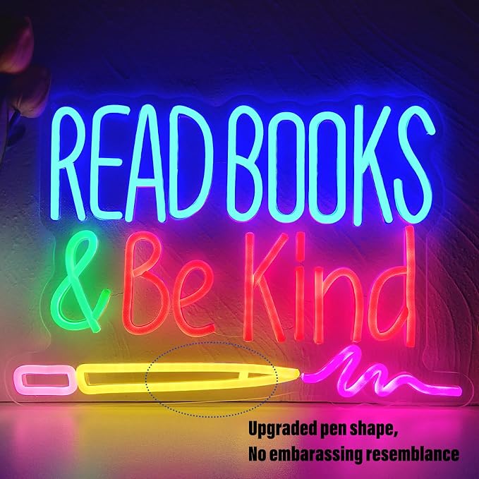 Read Books and Be Kind Neon Sign, Dimmable Classroom Neon Sign Lights, LED Read Books Light up Sign for Library Decor, USB Pencil Neon Light for Kids Teachers Students, Classroom Lights (16.2"×11")