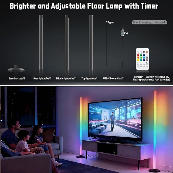IC+RGBW Led Corner Floor Lamp USB Powered App, Remote Control, 1 Pack | App & Remote Control Color Changing, Timer, 64+ Music Modes Standing Lamps for Living Room Lamp Bedroom Gaming Room