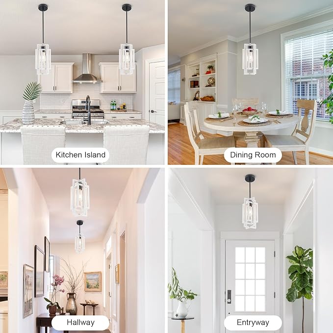 Farmhouse Pendant Light Fixtures, Modern White Wood Texture and Black Finish Pendant Lights 59'' Adjustable Small Square Pendant Ceiling Hanging Light for Kitchen Island Dining Room Entryway
