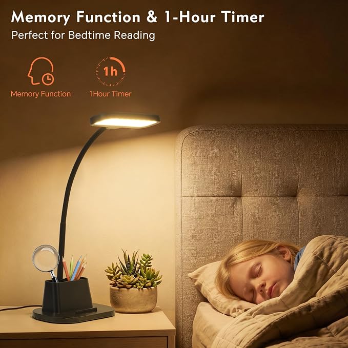 LED Desk Lamp for Dorm Small Desk Lamp with Pen Holder 5 Color Modes Black | Dimmable Touch Control, USB Charging Port, Eye-Caring Reading Light for Home Office Table Study College Room Students