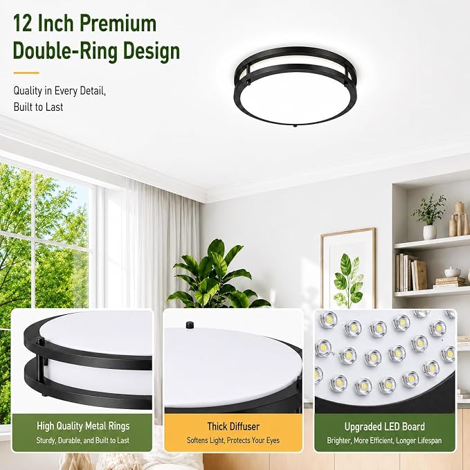 36W Black LED Flush Mount Ceiling Light Fixture, 13inch 3600LM Dimmable LED Ceiling Light, 2700K/3000K/4000K/5000K/6500KModern Ceiling Light for Bathroom Stairwell Balcony Corridor Laundry, 1 Pack
