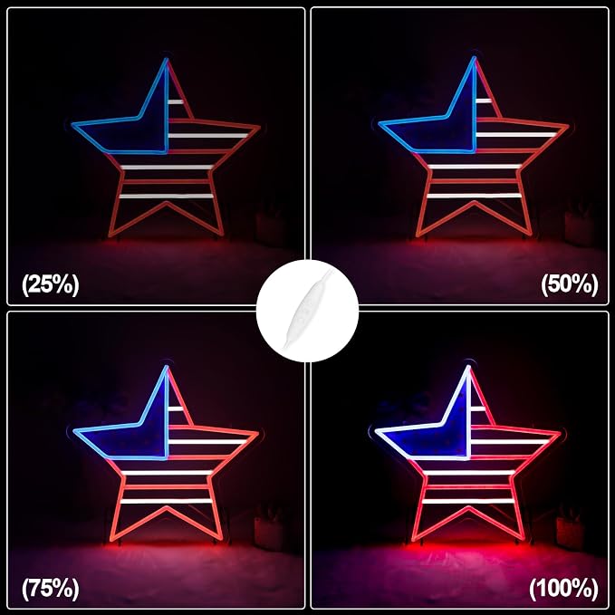 American Flag Star Neon Sign, 4th of July LED Decor | Dimmable Patriotic LED Light, USB Powered, 4th of July Decor, Includes Chain & Hooks, Red White Blue