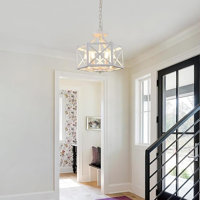 6-Light Antique White Pendant Light, Modern Farmhouse Chandeliers for Dining Room, Adjustable Hexagonal Metal Hanging Light, Vintage Geometric Pendant Lighting for Kitchen Island Entryway Foyer