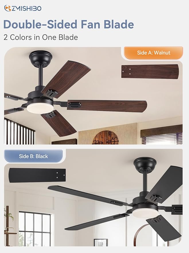 ZMISHIBO 52" Ceiling Fans with Lights and Remote, Black Modern for Indoor | 24W 2400LM Bright LED, 3CCT, Dimmable, App Control, Farmhouse Dual Finish Blades, Quiet&Strong Motor for Bedroom, Living Room