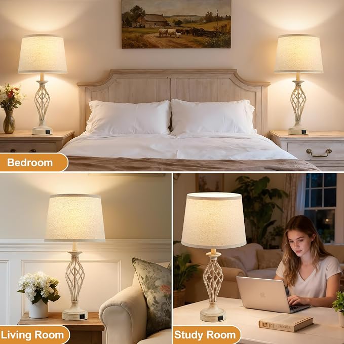 EJIAXIN Bedside Table Lamp for Bedroom Set of 2 - Beige Nightstand Lamps with USB C+A Ports,Rustic Distressed Farmhouse Bedroom Lamp - Lamp for Living Room Reading Bed Side End Table Bulbs Included