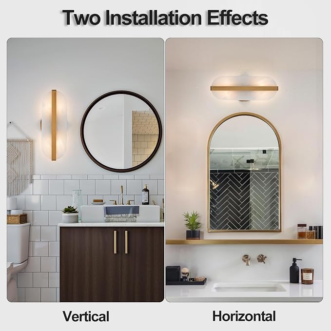 Natural Alabaster Wall Sconces Set of Two Marble Wall Sconces Hardwired | Gold Bathroom Vanity Wall Light Fixtures Modern Oval Stone Wall Lamp for Bedroom Living Room Hallway Restaurant, 11.8in