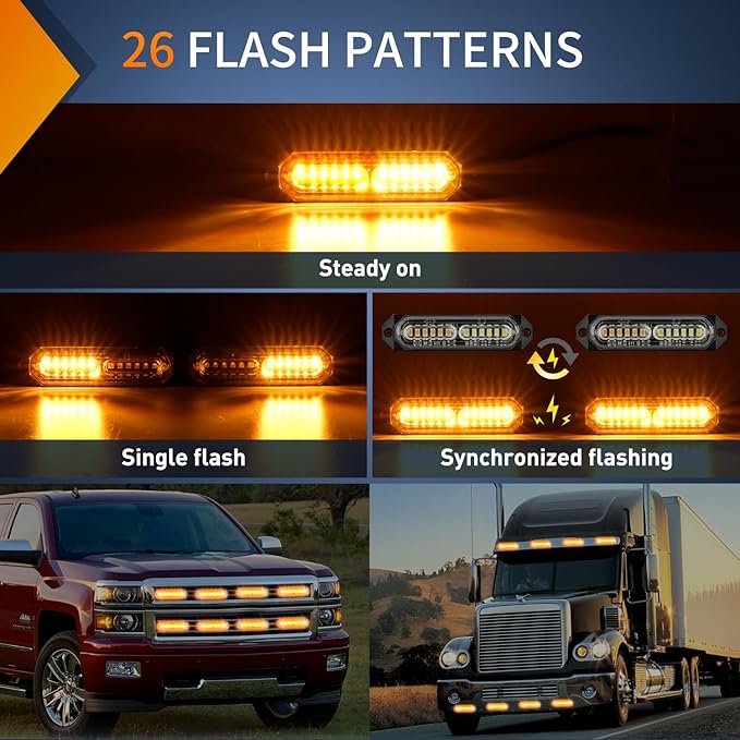 Nilight 8PCS Led Strobe Lights 12LED Amber Emergency Light 12V 24V Surface Mount Flashing Warning Hazard Beacon Lights Ultra Slim Sync Feature Mini Grille for Cars Trucks Off Road Vehicles SUV