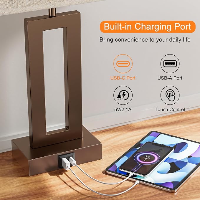 Seealle Bedroom Lamps for Night Stands - Touch Control, 3 Way Dimmable, USB C+A Charging, LED Bulbs, Easy Assembly(Yellow&Coffee)