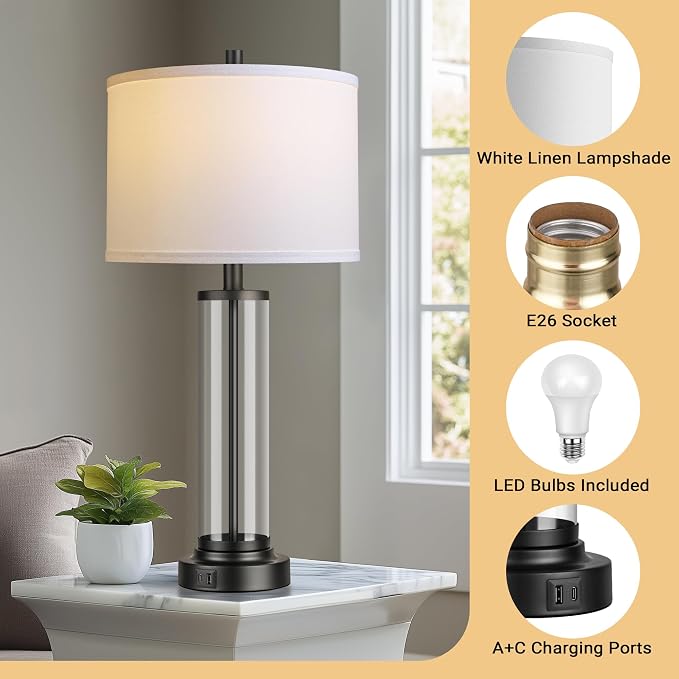 Glass Table Lamps Set of 2, Modern Black Dimmable Beside Lamps for Bedroom | 2 Dimmable LED Bulbs, USB A+C Charging Ports, Modern Black Glass Lampshade, Seamless Dimming Touch Control