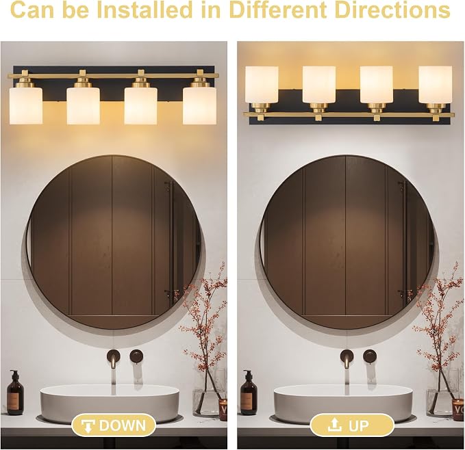 Modern Bathroom Light Fixtures Over Mirror, Vanity Lights for Bathroom Wall Sconces with Milky White Glass Shades, E26 Socket (Bulbs Not Included), 4 Light, Black Gold