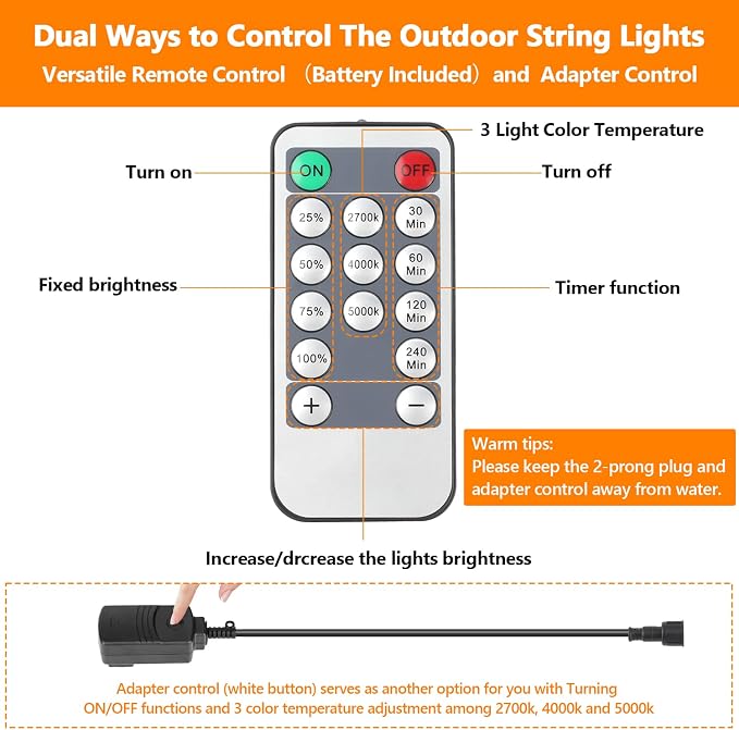 2-Pack 3 Color Dimmable LED Outdoor String Lights with Remotes | Warm White/Neutral White/Daylight, Waterproof, 96FT Hanging Lights with Shatterproof Edison Bulbs for Bistro Patio Backyard