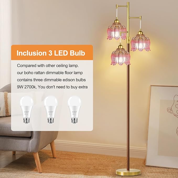 Vintage Floor Lamps for Living Room 3 Light Glass Floor Lamp with 3 Color Temperatures, Dimmable Flower Floor Lamp Gold Mid Century Modern Standing Lamp Tall Tree Wood Floor Lamp for Bedroom Corner