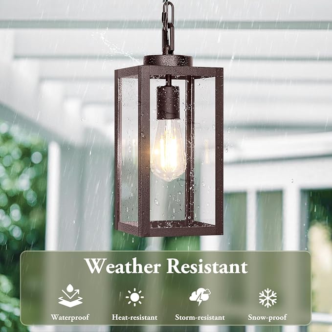 Outdoor Pendant Light, Modern Hanging Lantern for Porch, Brown | Hanging Height Adjustable, Waterproof, Rust-Resistant, Durable Metal & Clear Glass, Standard E26 Sockets, Easy to Install