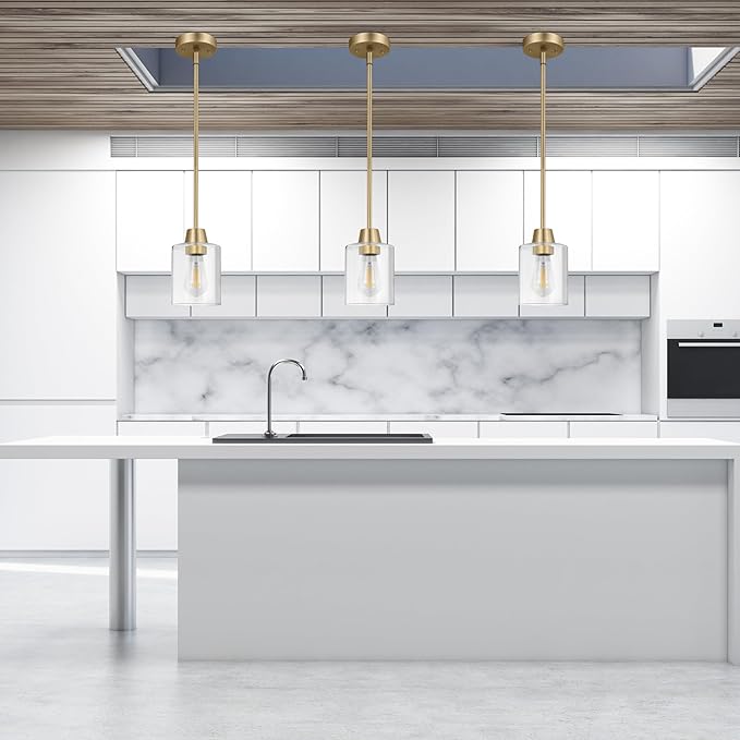 3 Pack 1 Light Brass Pendant Lights Kitchen Island, Gold Modern Chandelier Clear Glass Shade, Adjustable Multiple Stems Rods Hanging Farmhouse E26 Socket Light for Dining Room Bedroom Bar