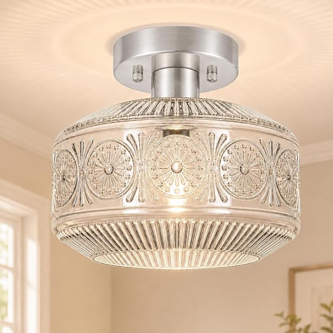 DSMJFU Semi Flush Mount Ceiling Light, Vintage Small Ceiling Light Fixture, Thickened Glass Hallway Light Fixture, Brushed Nickel Kitchen Ceiling Mount Lamp for Entry Way, Bedroom, Bathroom