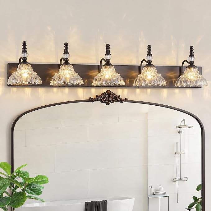 Vintage Bathroom Vanity Light, 5-Light Black Vanity Lighting Fixture with Flower Glass Shade, Bathroom Lighting Fixtures Over Mirror