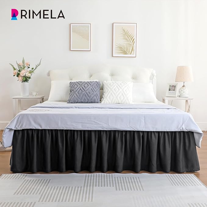 RIMELA Black Bed Skirt King Size 15 Inch Drop, Elastic Bed Skirting for Bed Base and Frame, Bedding Dust Ruffle Easy to Install, Lightweight Wrap Around Adjustable Bedskirt