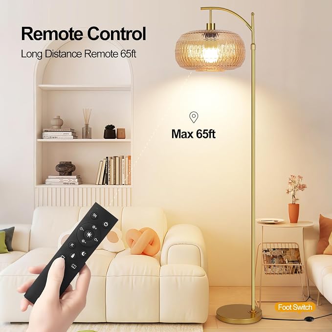 ILLMTW Glass Floor Lamp for Living Room,Bedroom,Gold Mid Century Modern Standing Lamp with Remote,Dimmable Brass Tall Lamp Amber Lamp Vintage Retro Arc Floor Lamps Floor Light Boho Bohemian