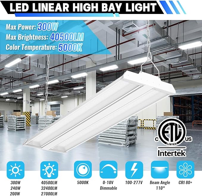 Allsmartlife LED Linear High Bay Shop Light 1-Pack, 5000K Daylight 300W 40500LM 0-10V Dimmable, Adjustable Tilt Hanging LED Shop Light Fixture for Garage Warehouse Workshop