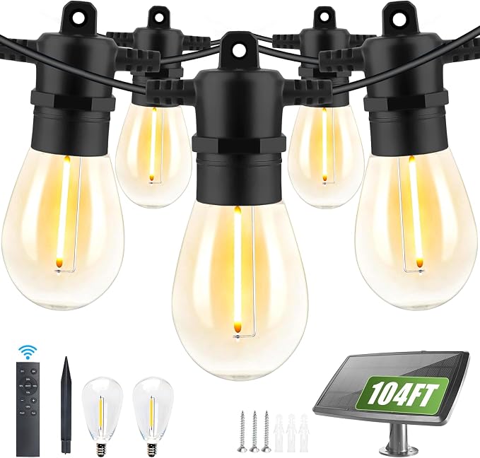 Yusist 104FT(98+6) Solar String Lights Outdoor Waterproof, Solar Powered Patio Light with 30+2 Dimmable S14 Edison Bulbs Shatterproof & Remote Control, Solar String Lights for Outside Garden Backyard