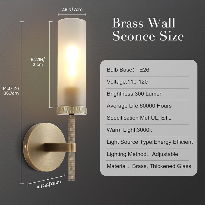 15" Hardwired Frosted Glass Bathroom Wall Sconces, Handmade Knurled Brass Wall Light Fixture,Modern Vanity Light for Living Room,Hallway, Bedroom, Indoor Sconces
