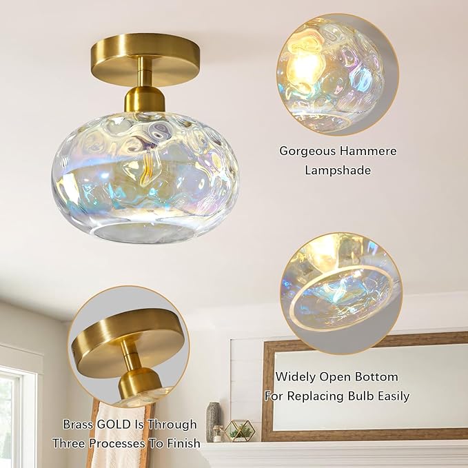 7.9″ Vintage Small Rainbow Semi Flush Mount Hallway Ceiling Light ,2 Pack | Art Deco Stained Hammered Glass,Whimsical,Gold Mid Century Light Fixtures for Closet Cottage Entryway Laundry Room Foyer
