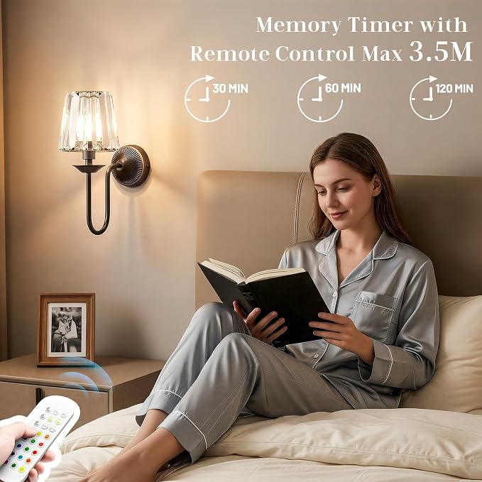 Black Battery Operated Wall Sconces Set of Two, Crystal Wireless Rechargeable Wall Lights with Remote, Dimmable 3 CCT and 12 RGB Cordless Wall Lamps for Bedroom Living Room Hallway Decor