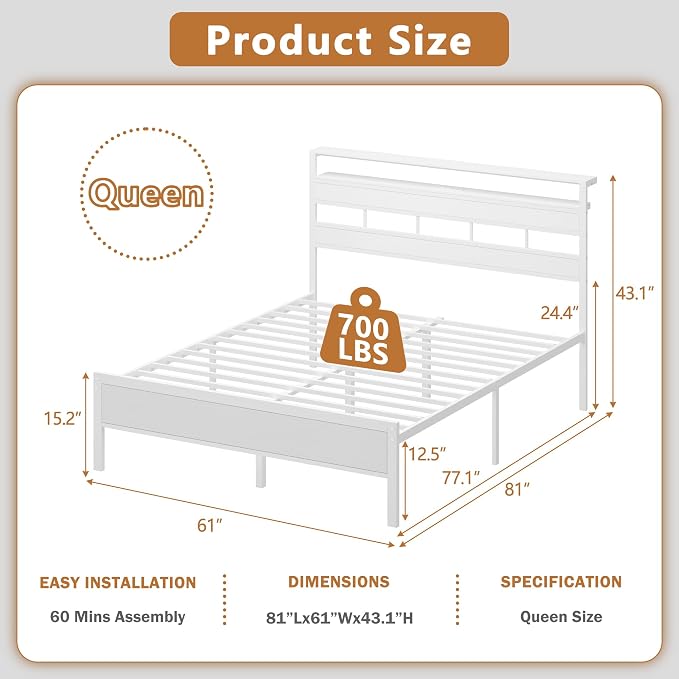 Queen Bed Frame White,Storage Headboard,Charging Station & RGB LED | 2-Tier Wood Shelves, Metal Support Slats, Noise-Free, No Box Spring. 12.6" Under-Bed Clearance. USB & Type-C, Easy Assembly.