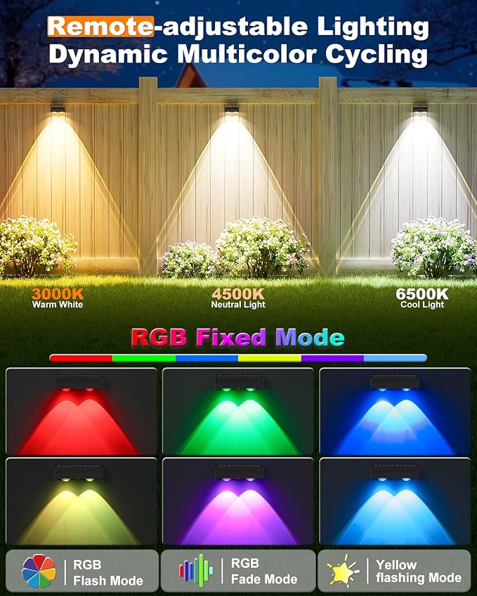 VOLISUN Solar Fence Lights with Remote Control, 50 Lumen LED Fence Lights Solar Powered, IP65 Waterproof, 10 RGB Color Long-Lasting Solar Lights for Backyard Garden Deck Patio Railing (8 Pack)