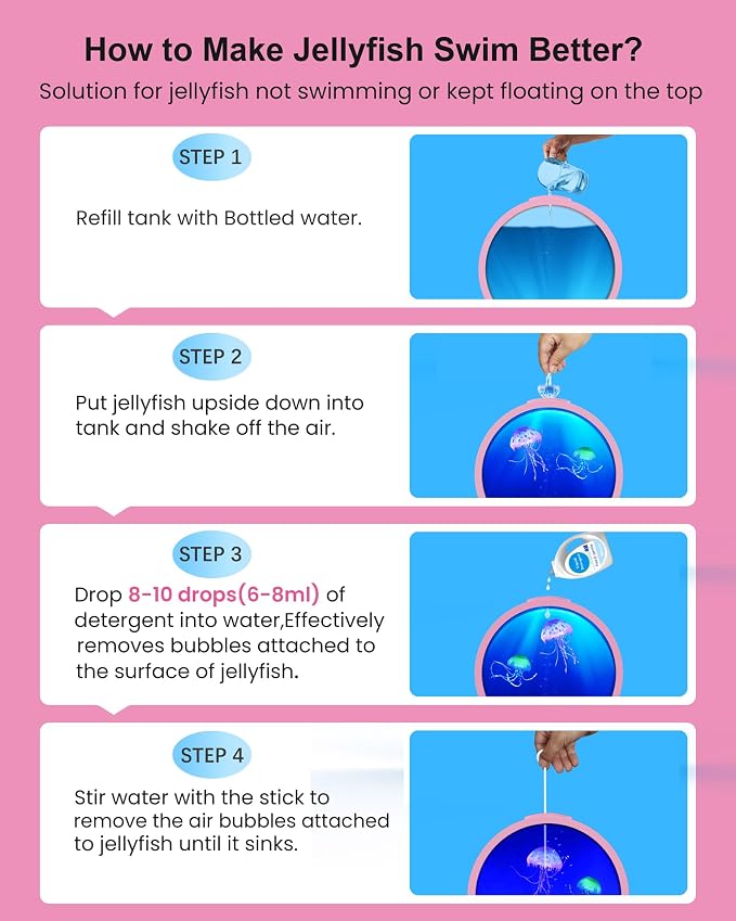 Jellyfish Lamp for Sleep Anxiety Calming Night Light for Bedroom(Pink) | Whisper-Quiet Sensory | 7 Soft Color Modes | Adjustable Water Flow | 8H Auto-Off Timer | Rounded Tank Lamp Gift for All Ages