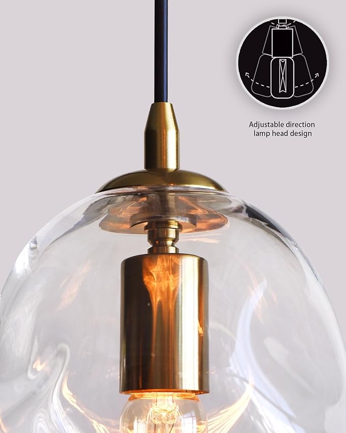 CASAMOTION Modern Glass Pendant Light Kitchen Island Brass Gold Blown Clear Glass, Organic Globe Design Industrial Contemporary Style Sink Bar Counter Porch Small Medium Lamp 8 Inch H