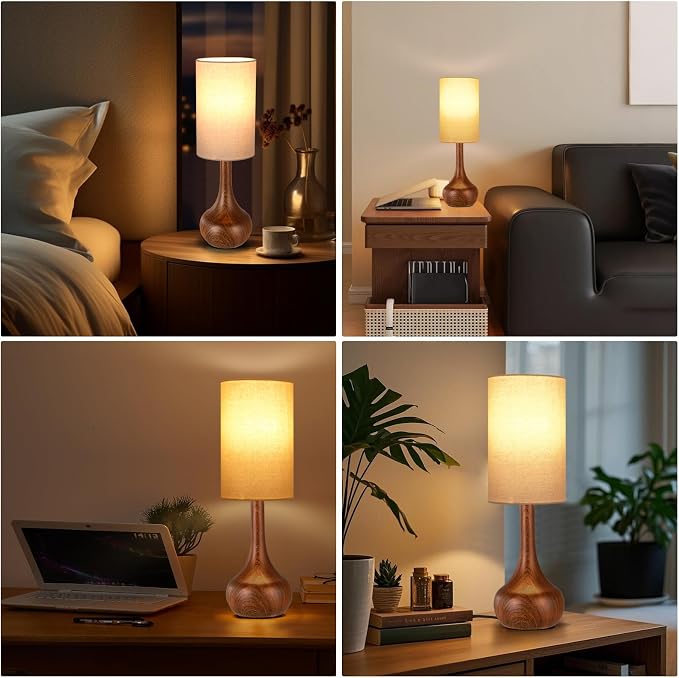 Mid Century Modern Walnut Wood Grain Table Lamp, Touch Control & 3-Way Dimmable, Space-Saving Design, Vintage Bedside Lamp for Bedroom, Living Room, Office (LED Bulb Included)