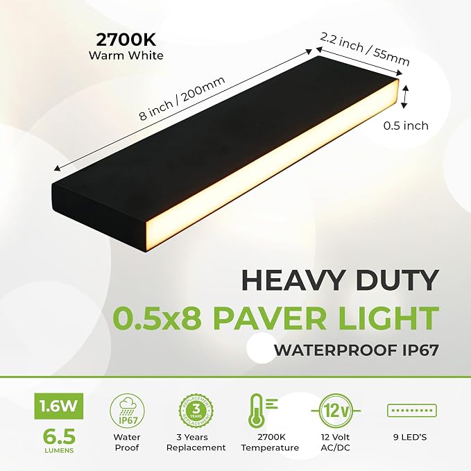 LUMENGY Paver Light Slim 0.5x8 Inch (0.55x7.87), 2700K Warm White, Glare-Free Linear Lighting for Driveways, Walkways and Paver Borders, 12V Hardwired, IP67 Waterproof, Drive-Over Rated